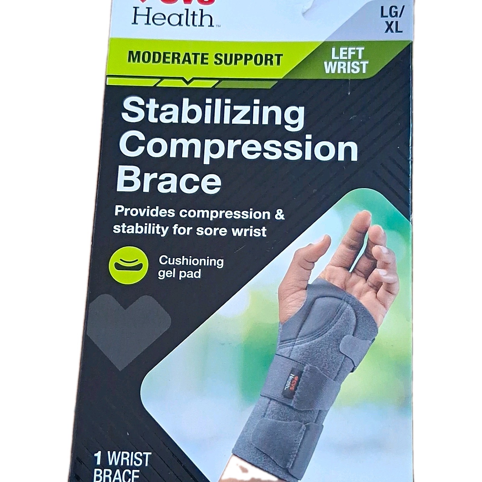 CVS Health Stabilizing Compression Wrist Brace Gel Pad Left LG/XL Gray
