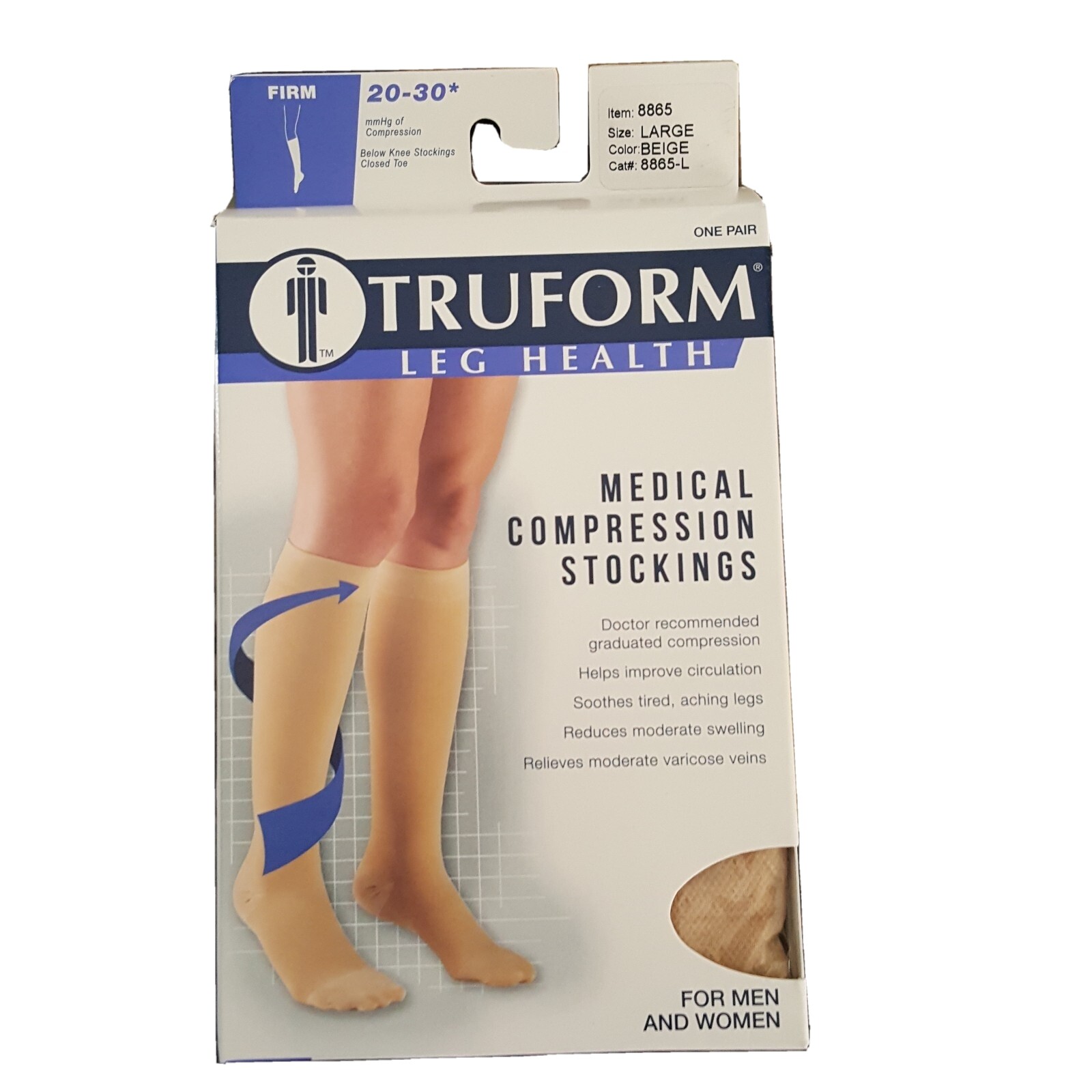Truform 20-30 Below Knee Compression Stockings Closed Toe Beige Size Large 8865L