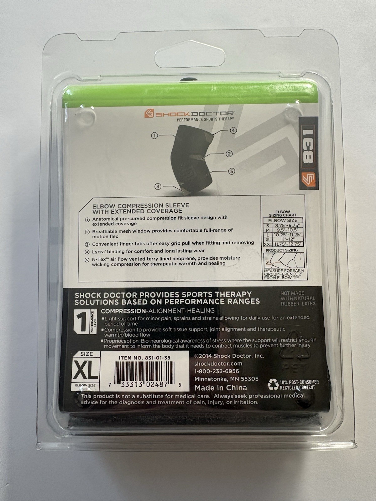 Shock Doctor Level 1 Elbow Compression Sleeve W/ Extended Coverage Sz XL
