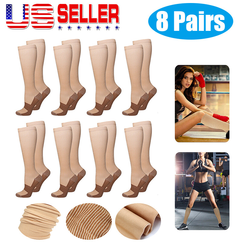 8 Pairs Copper Compression Socks 20-30mmHg Graduated Support Mens Womens S-XXL