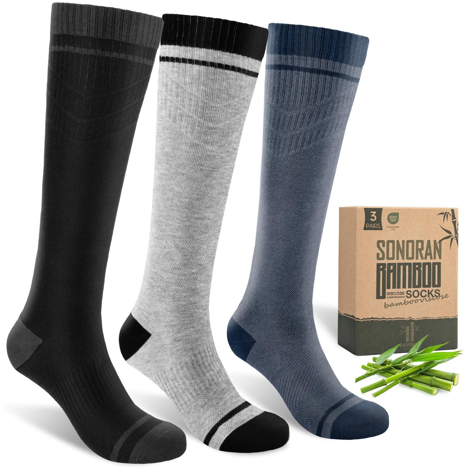 Bamboo Viscose Compression Socks for Women & Men (3 Pairs) 15-20 mmHg Knee Hi…
