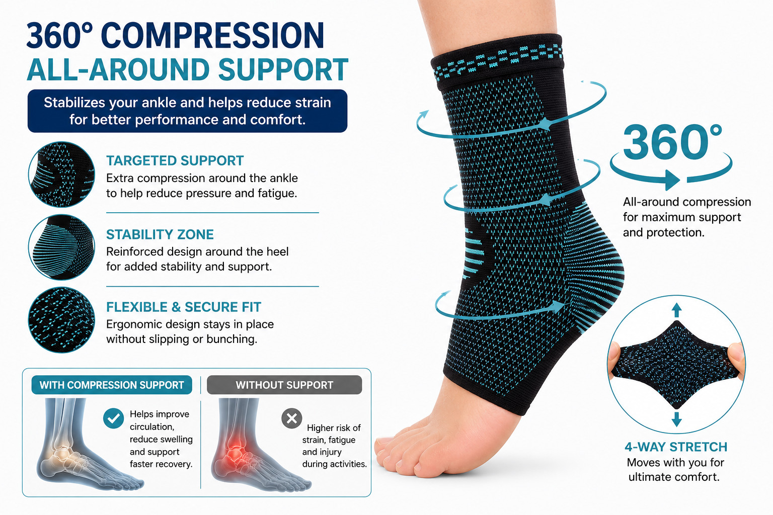 1 Pair Ankle Compression Sleeve Brace Plantar Fasciitis Achilles Tendon Support