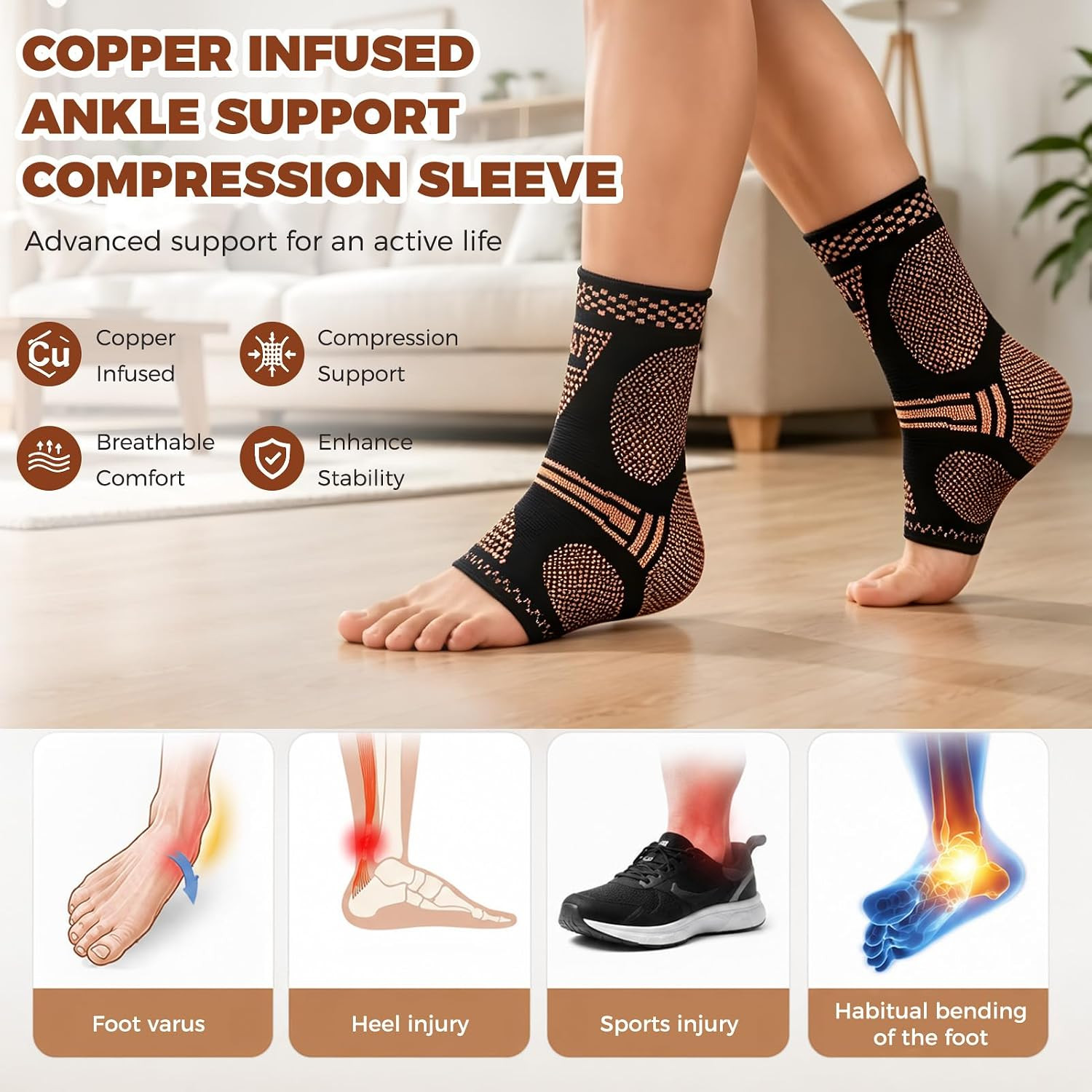 2 Pairs Ankle Compression Sleeve, Copper Ankle Brace Support for Swollen Ankles,