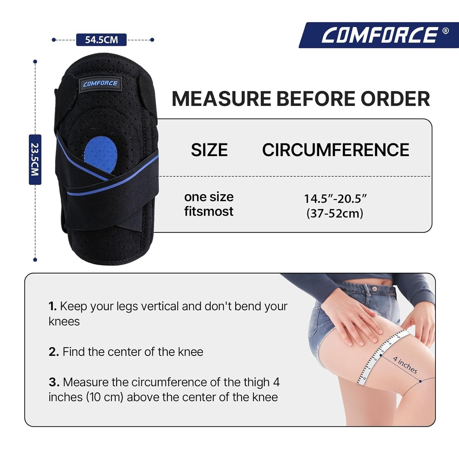 Comforce Knee Brace Open Patella Neoprene Support with Gel Pads Adjustable