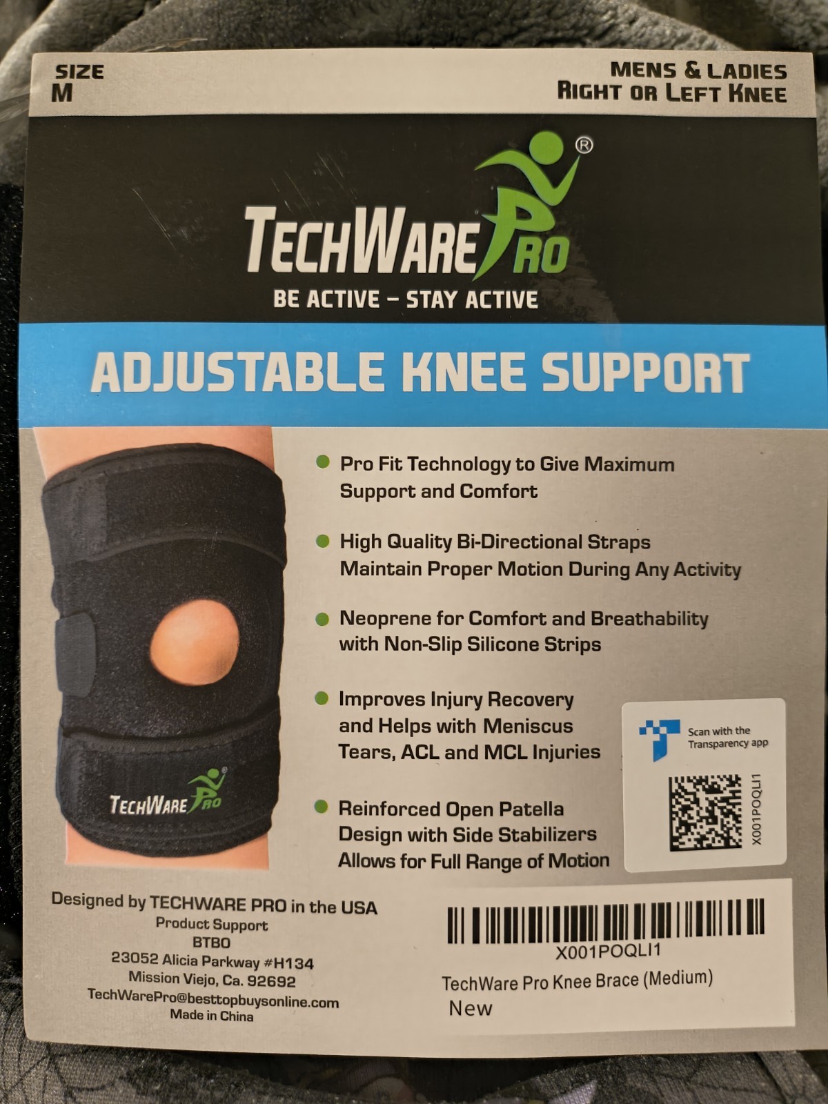 TechWare Pro Adjustable Non-Slip Open Patella Knee Brace Support Size M Black
