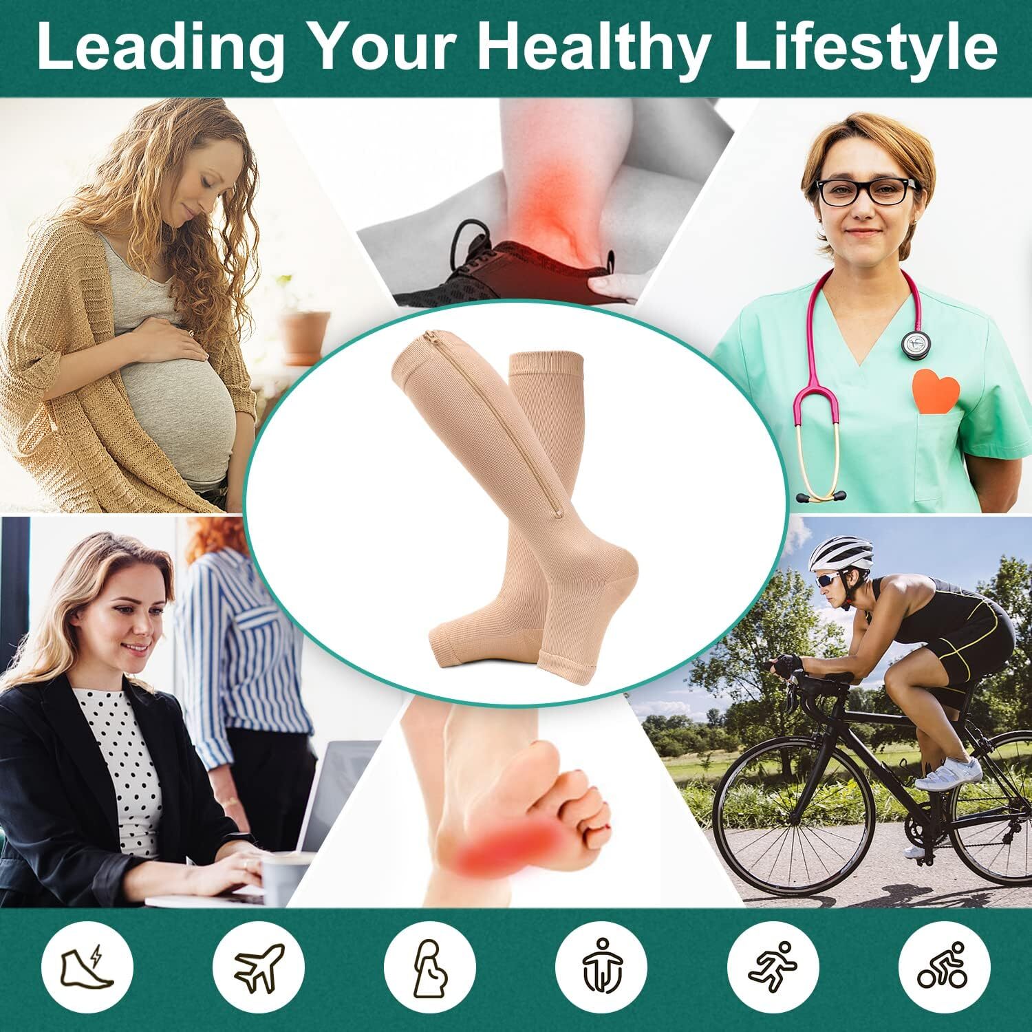 Zipper Open Toe Compression Socks for Women & Men Knee high 20-30 mmHg Walking