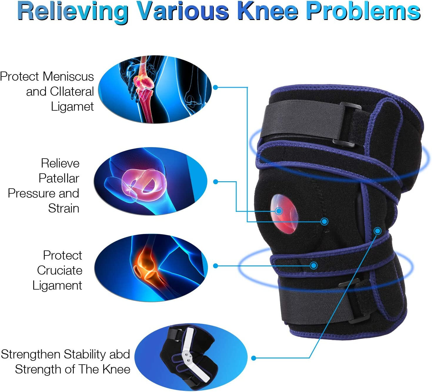 Adjustable Knee Brace, 2 Hinges, 4WAY ,COMPRESS STABILIZER HCL.MCL.LCL UNISEX