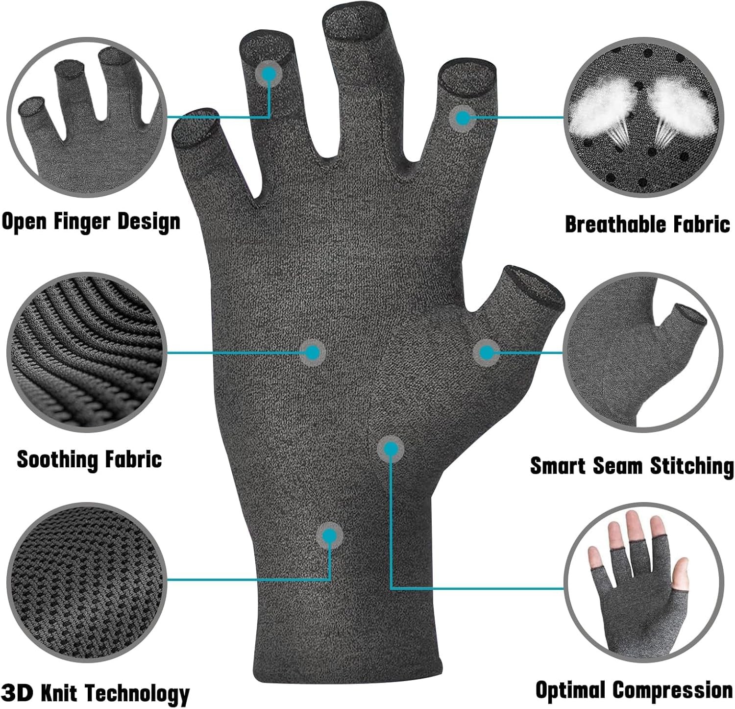 Cetaplast Arthritis Compression Gloves, Gray Half-Finger, Large, Pain Relief