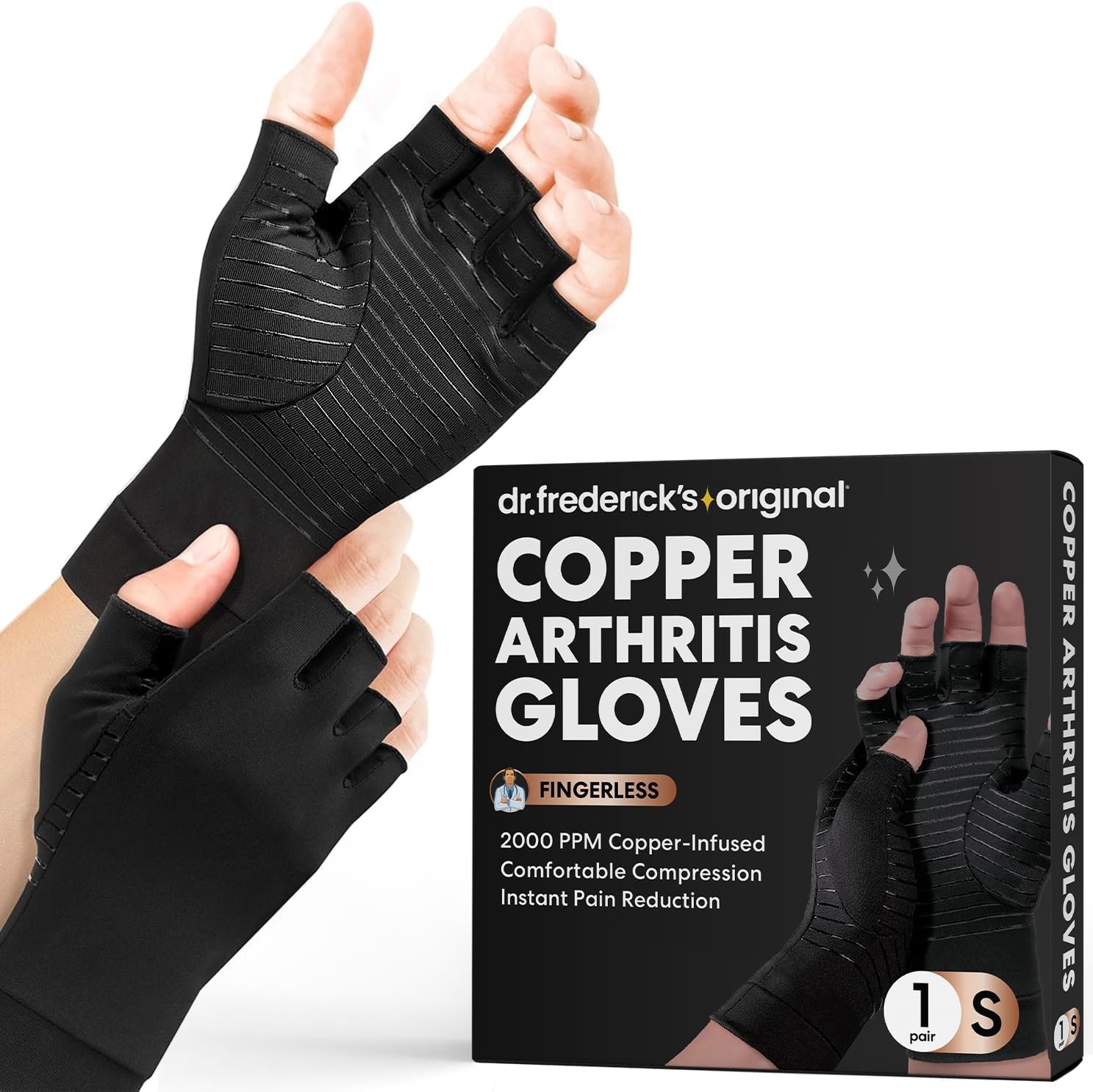 Dr. Frederick’s Original Copper Compression Arthritis Gloves, Fingerless, Small