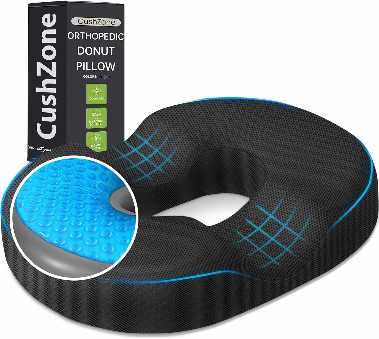 CushZone Donut Pillow Seat Cushion Cooling Gel Memory Foam Black 17×13.5×2.8