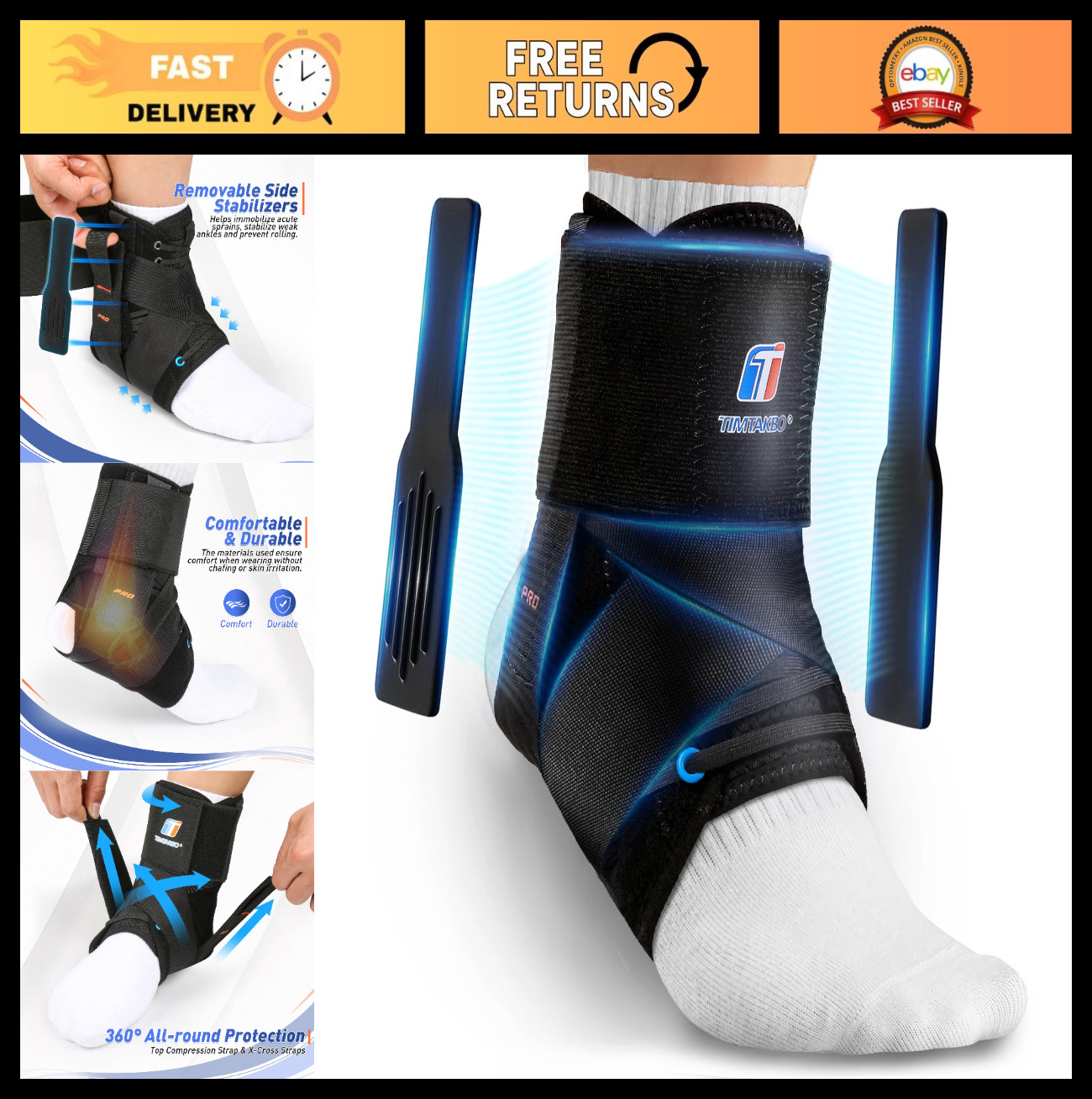 Quick Lace Up Ankle Brace with Removable Stabilizers | Support for Sports, Runni
