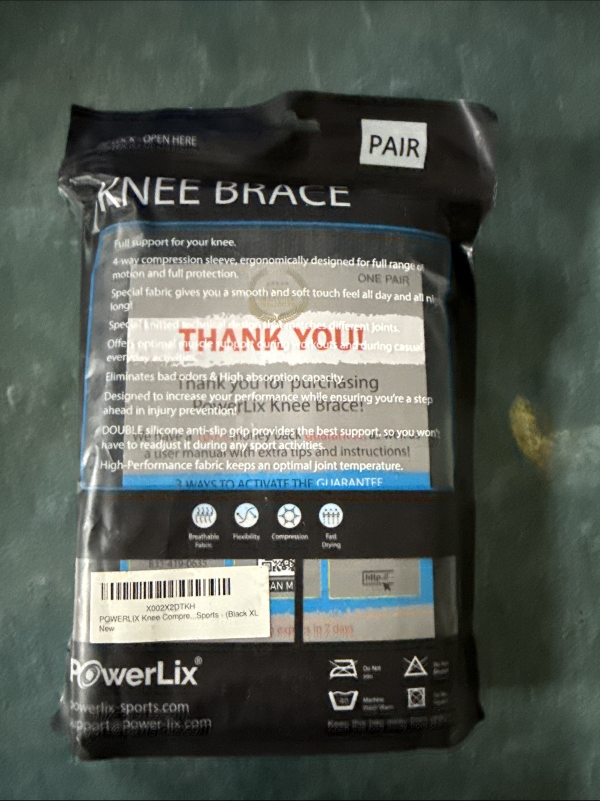 NEW POWERLIX Knee Compression Sleeve Knee Brace Unisex Men Women Black – XL