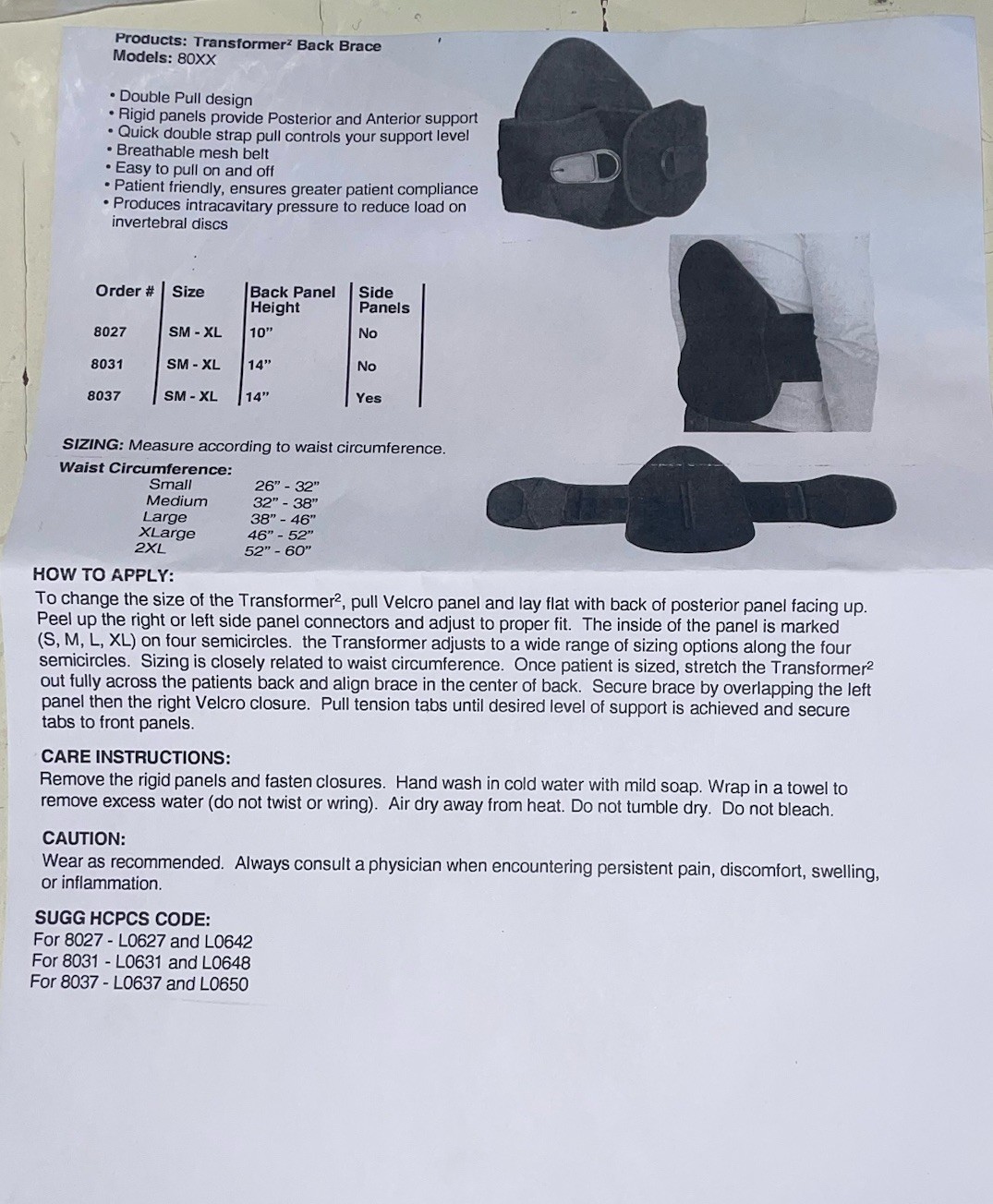 Transformer Lumbar Sacral Orthosis Back Brace New Black 80 XX
