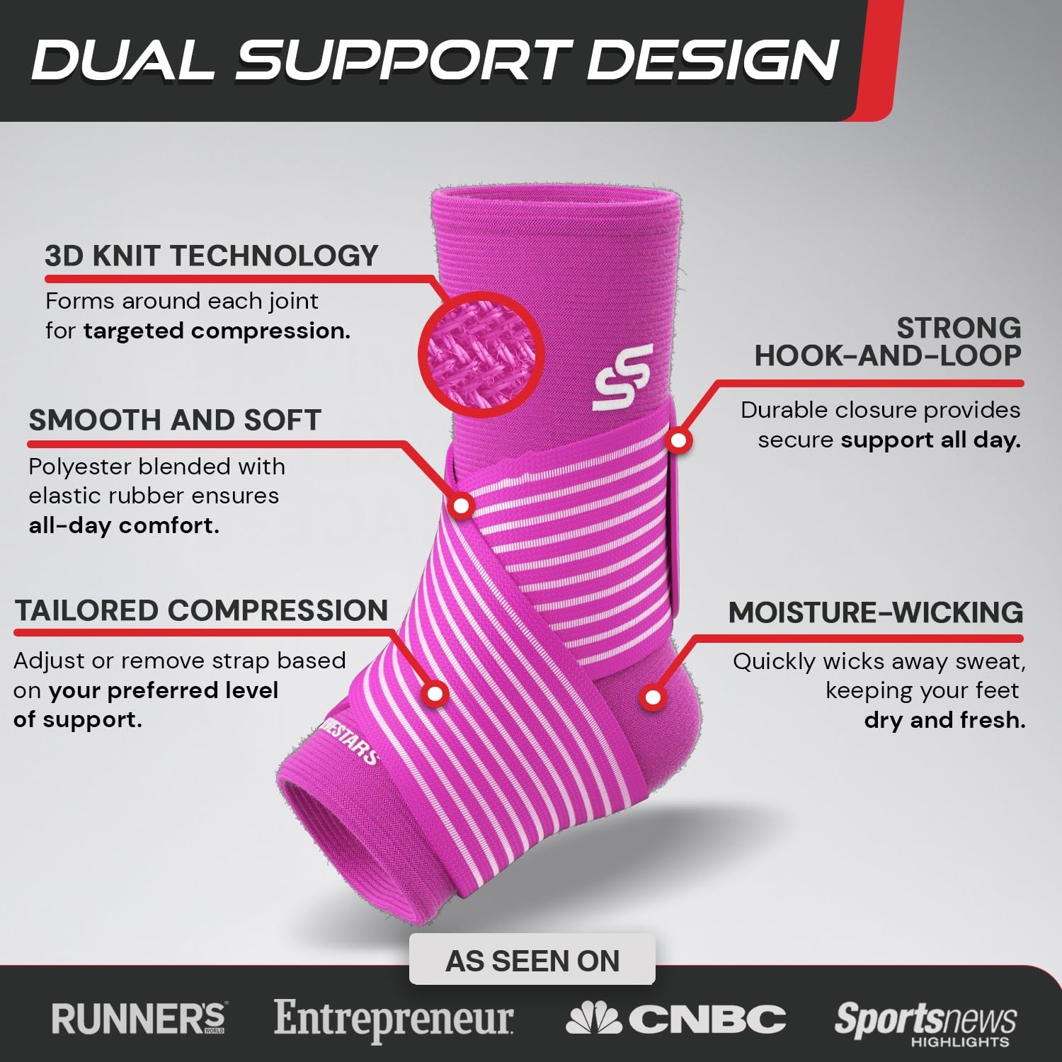 Ankle Brace Compression Sleeve Removable Strap L 12-13in Hot Pink Support