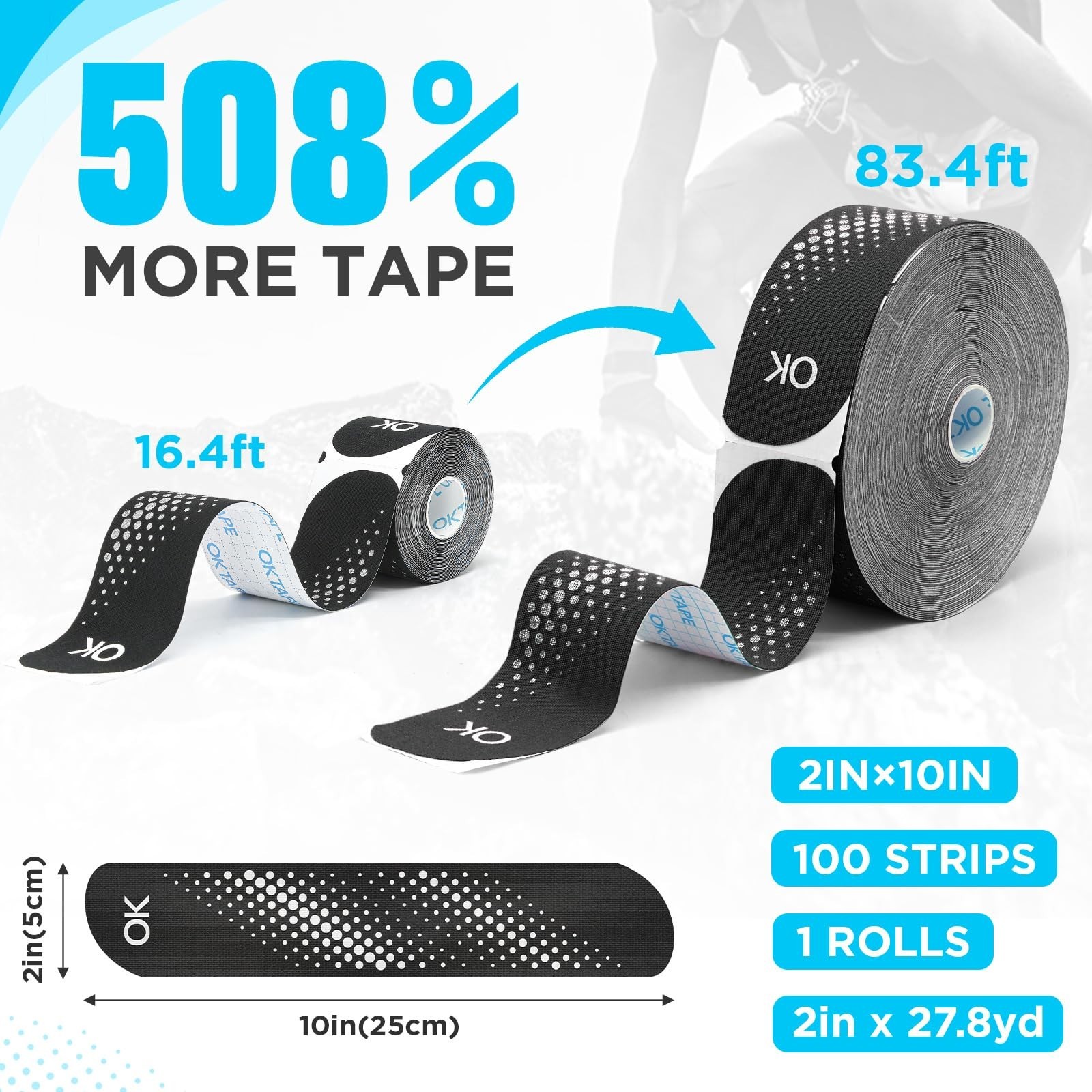 Kinesiology Tape 100 Strips 2″ x 27.8yd – Waterproof Athletic Muscle Support, Bl