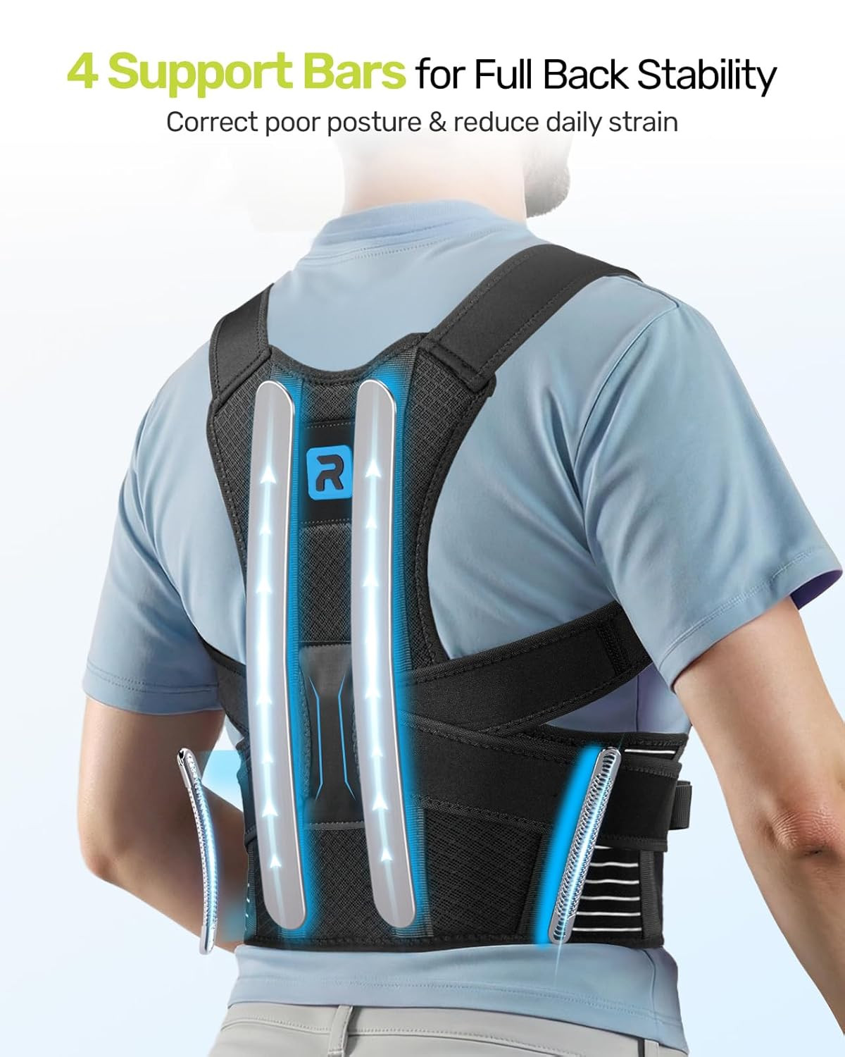 Posture Corrector for Women Men, 4 Back Support Brace Bars, Adjustable Shoulder