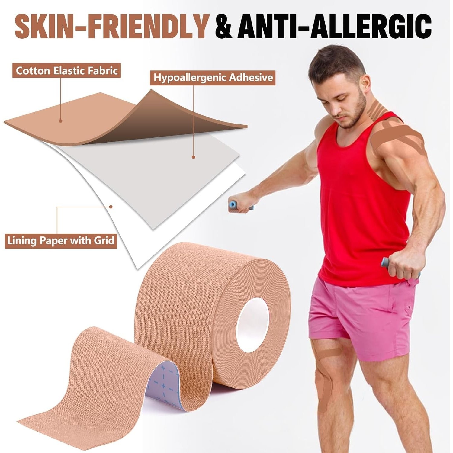 Kinesiology Tape 5 Rolls Skin Color 2 Inch x 16.4 Feet Waterproof Muscle Support