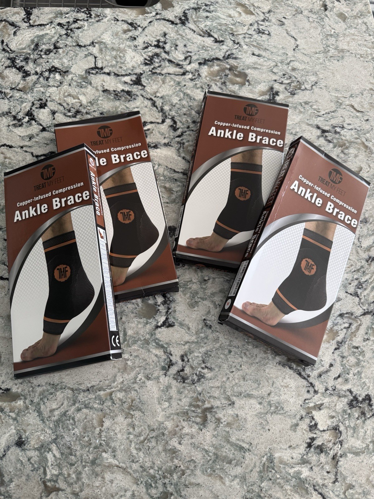 4 Pairs, Treat My Feet Brand, Copper Infused Compression Ankle Brace, Size M