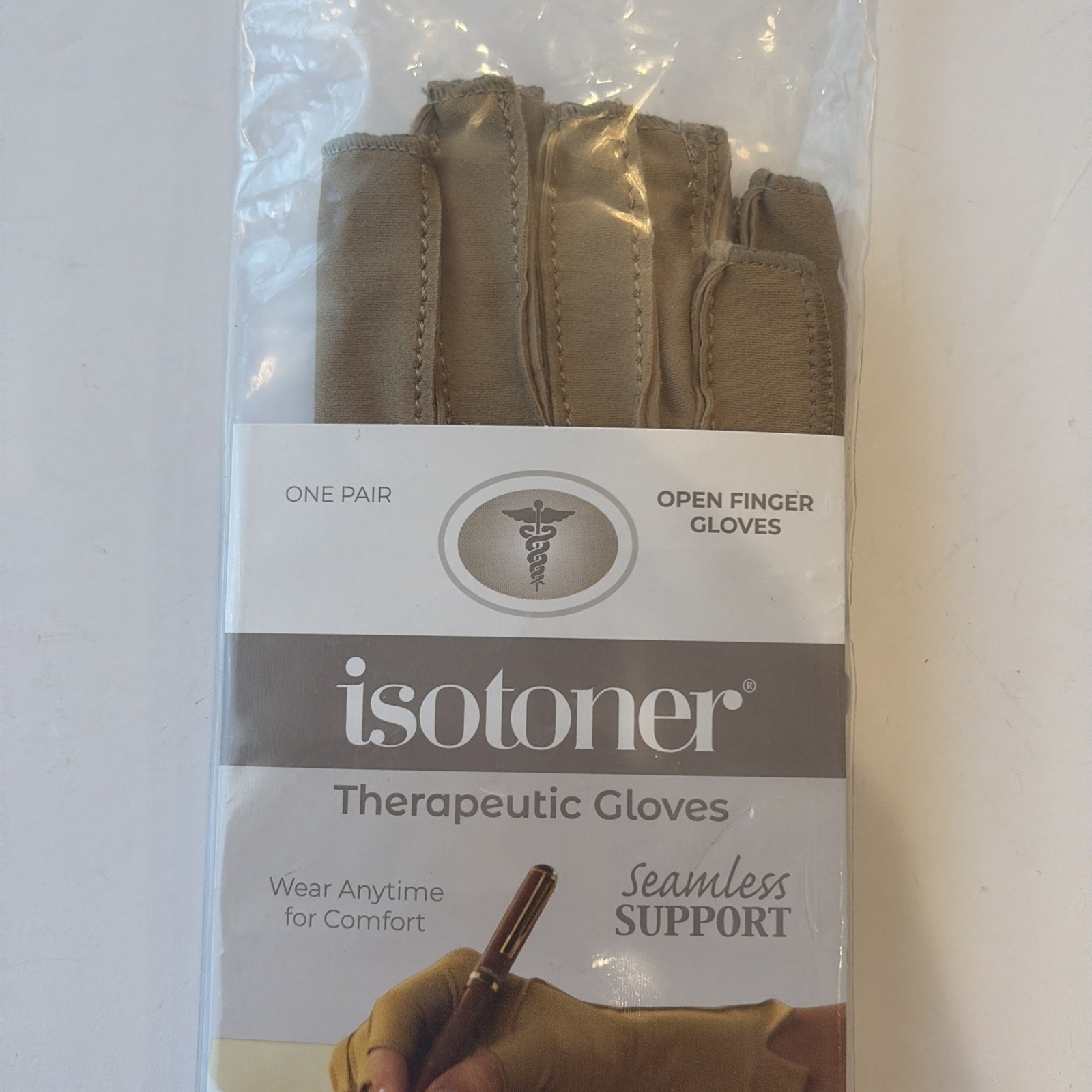 Isotoner Therapeutic Gloves Open Finger Camel Size Large Compression Pain Relief