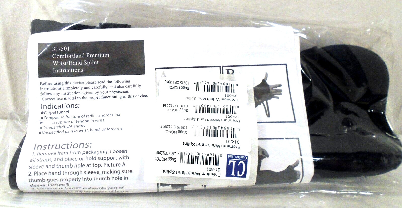 Confortland Premium Wrist/Hand Splint CL31-501 New Carpal Tunnel