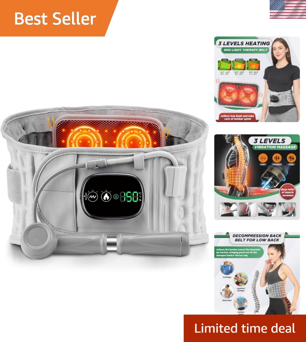 Portable Decompression Back Brace with Red Light Heating & Massage Features