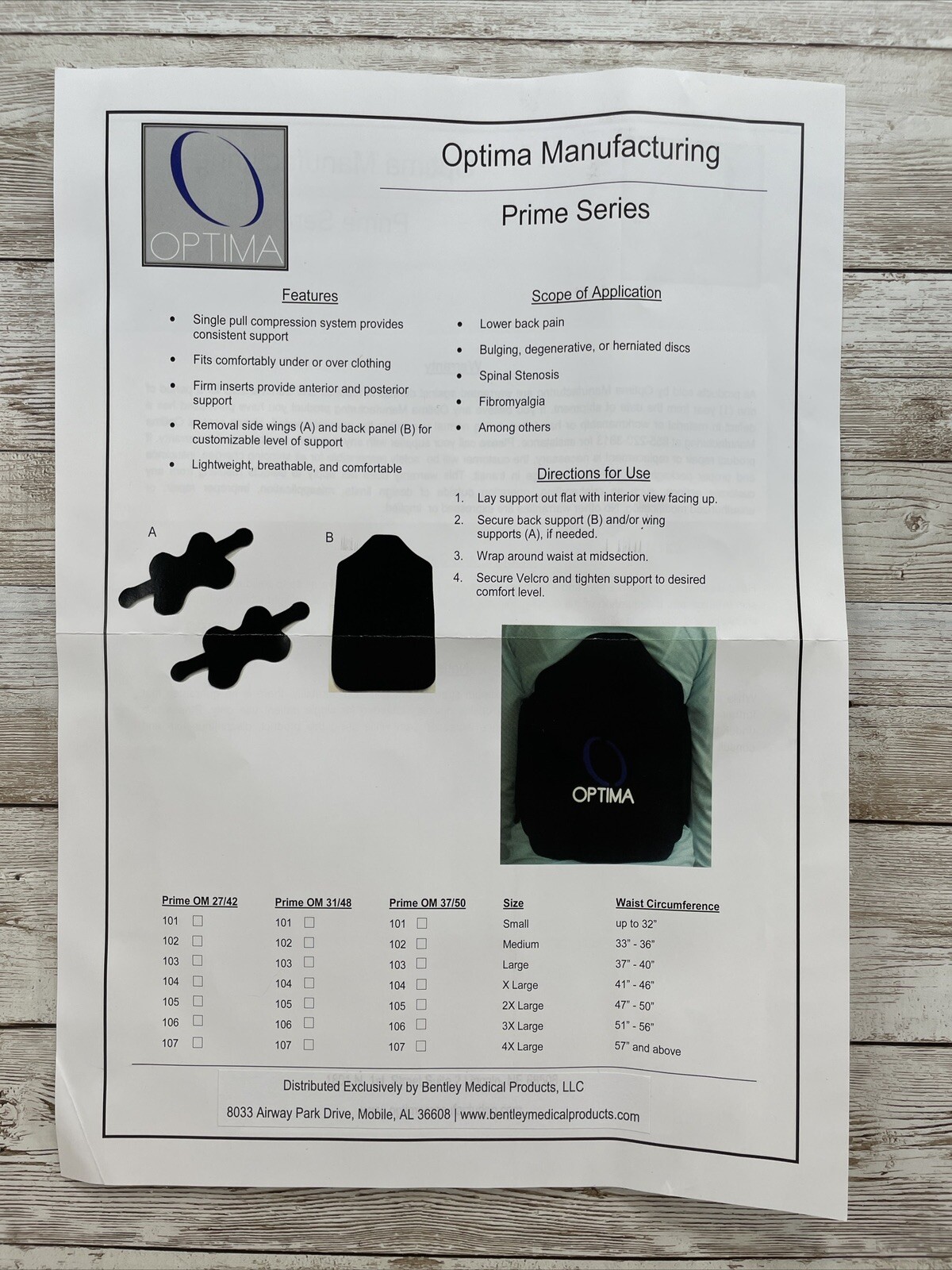 Optima Back Brace Lumbar Support Prime Series Size Medium 33″- 37″ Circumference
