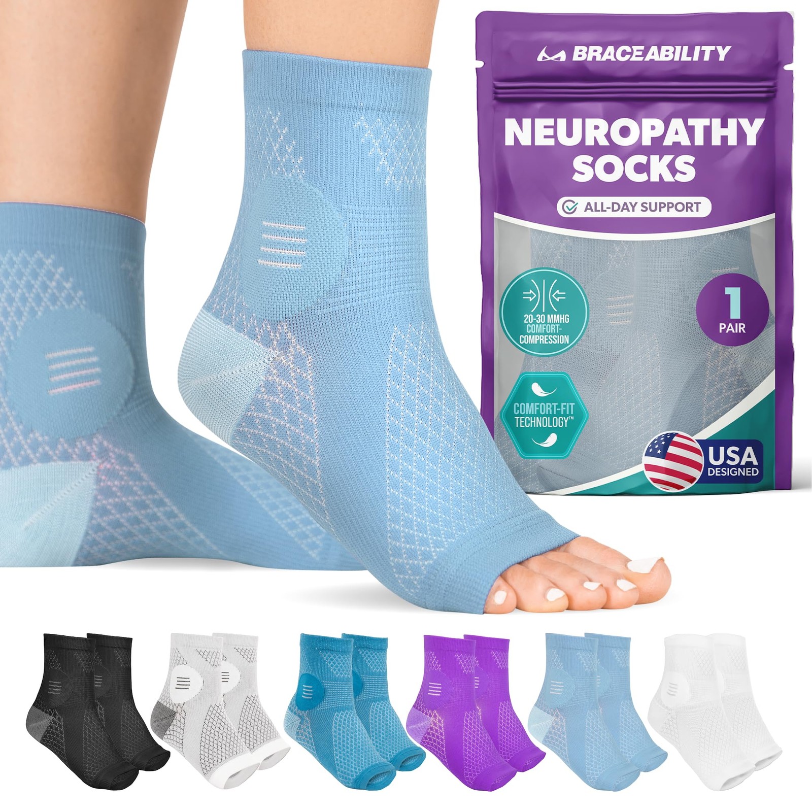 Neuropathy Socks Pair Compression Diabetic Foot Sleeves Relief L Light Blue