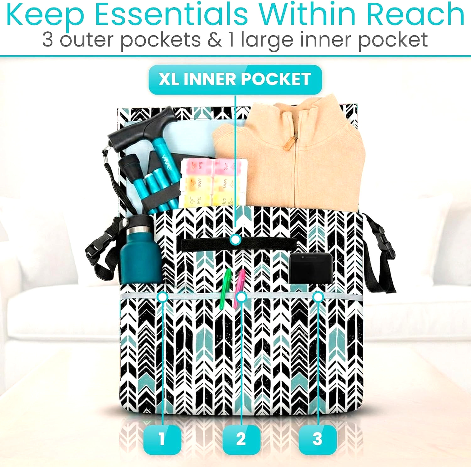VIVE Wheelchair/Walker/Shoulder Accessories Bag Waterproof Black Teal Chevron