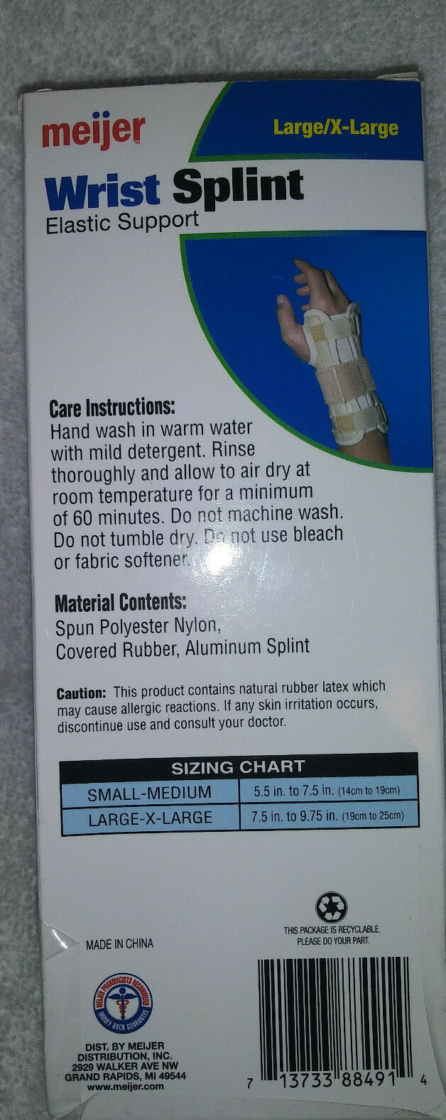 Wrist Splint Brace Elastic Support Reversible Adjustable Beige Large/X-L NIB