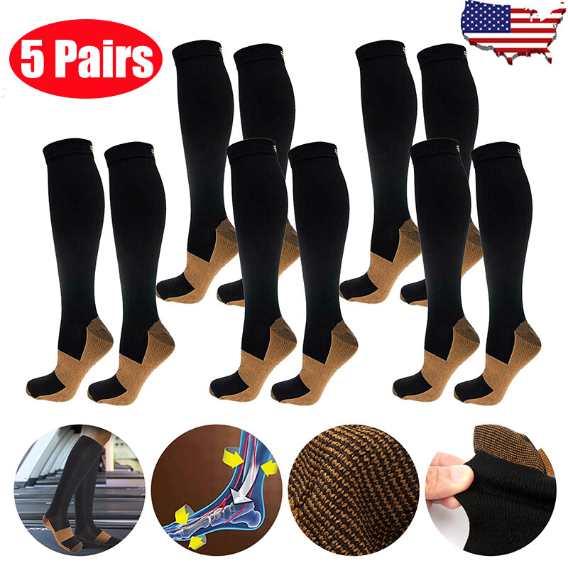 5 Pairs Copper Compression Socks 20-30mmHg Graduated Support Mens Womens S/M-XXL