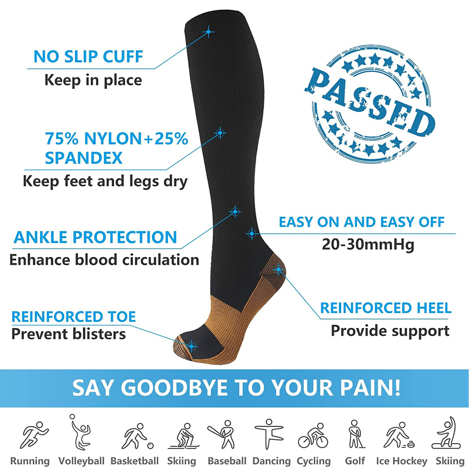 5 Pairs Copper Compression Socks 20-30mmHg Graduated Support Mens Womens S/M-XXL