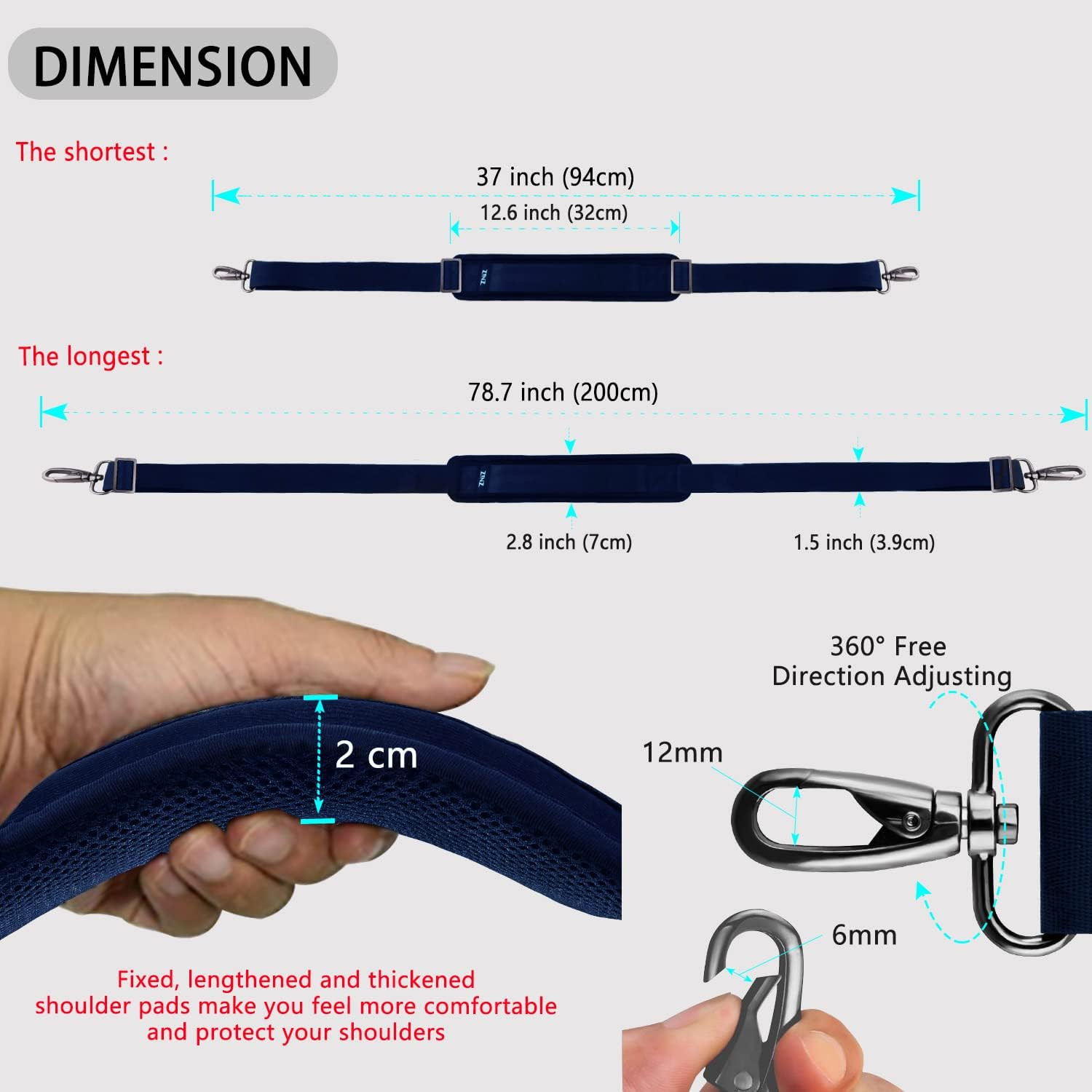 79 inch Shoulder Strap, Extra-thick Fixed Cushion Pad and Dual Clasps Universal