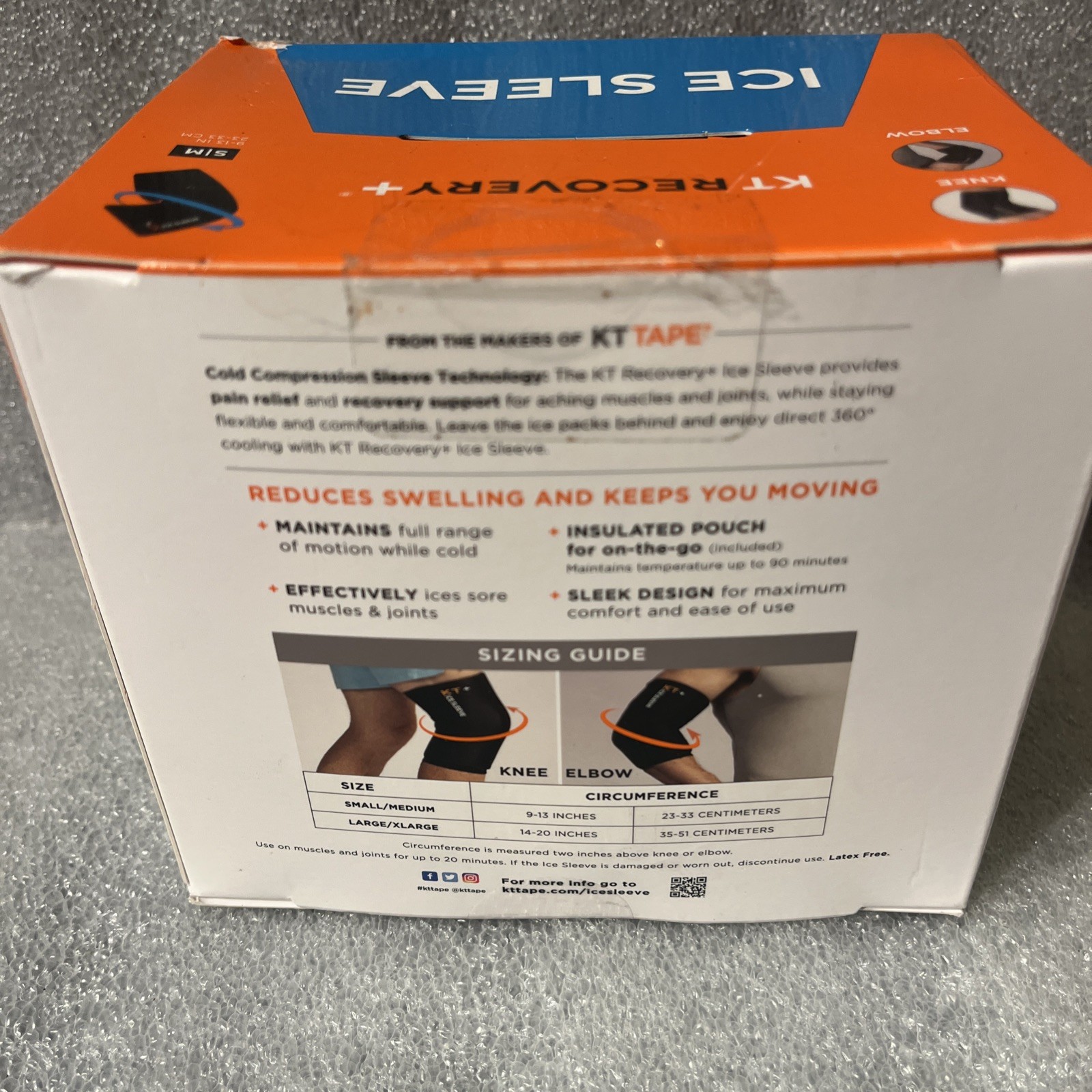 KT Health Ice Sleeve, S/M Knee Elbow Reduced Swelling. New Sealed. 1 Gel Sleeve