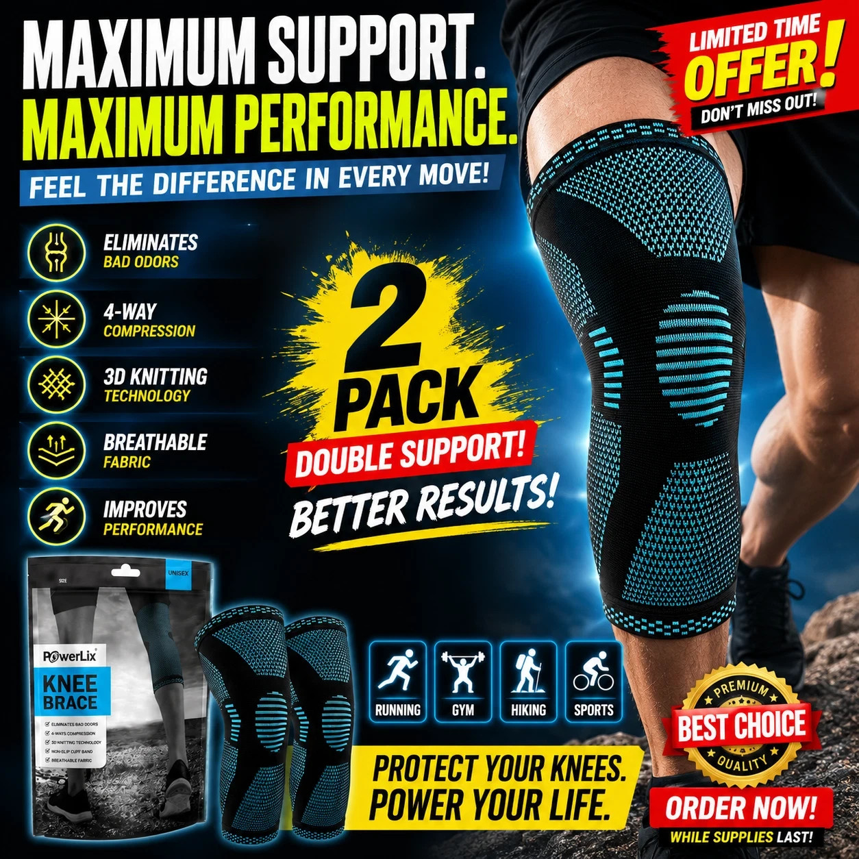 PowerLix Knee Brace 2 Pack Size M Compression Support Pain Relief