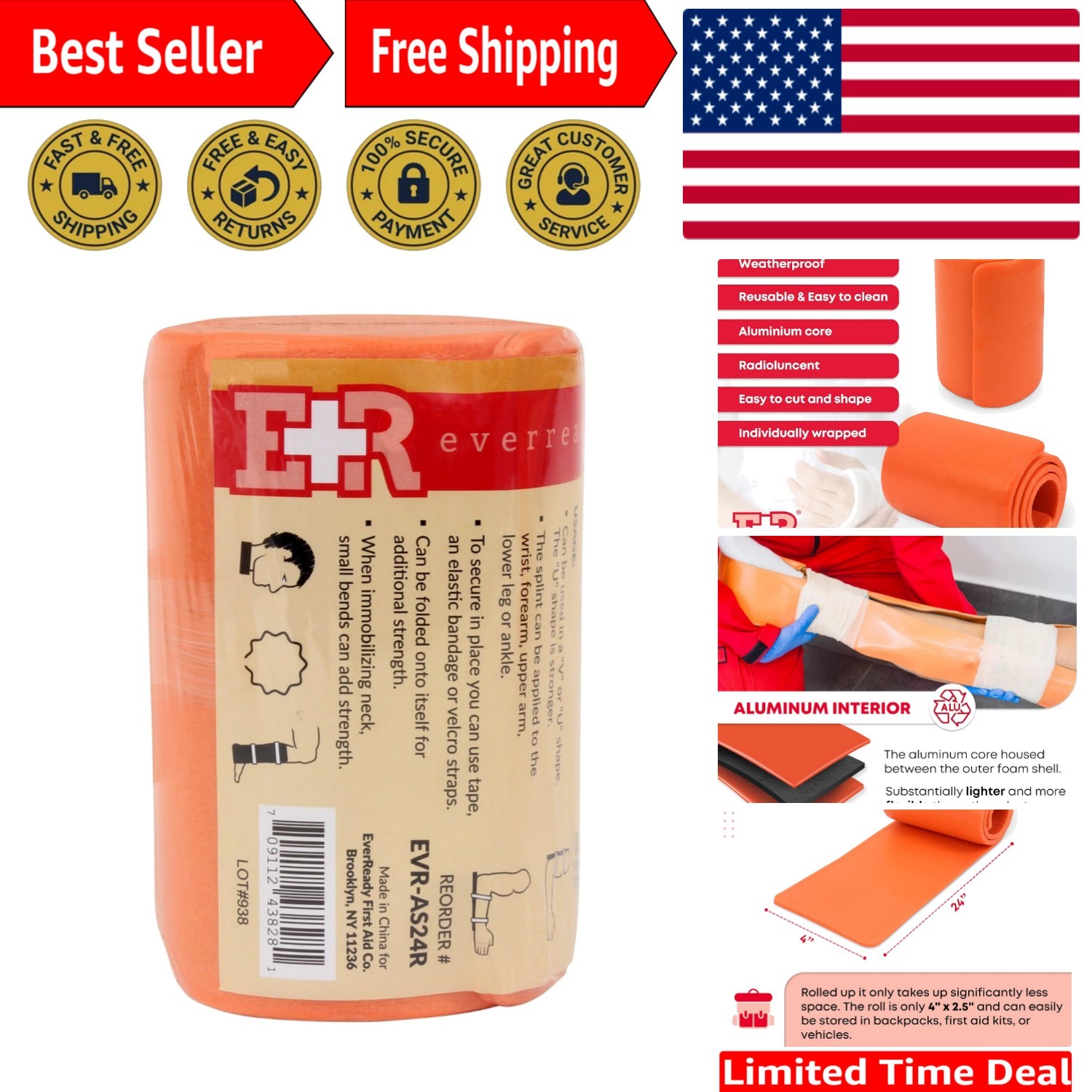 Emergency Care Aluminum Splint – 24 Inch Rolled Design for All Sports Injuries