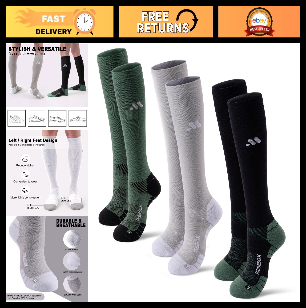 Unisex Compression Socks 15-20mmHg – Knee High, Breathable, 3 Pairs for Travel,