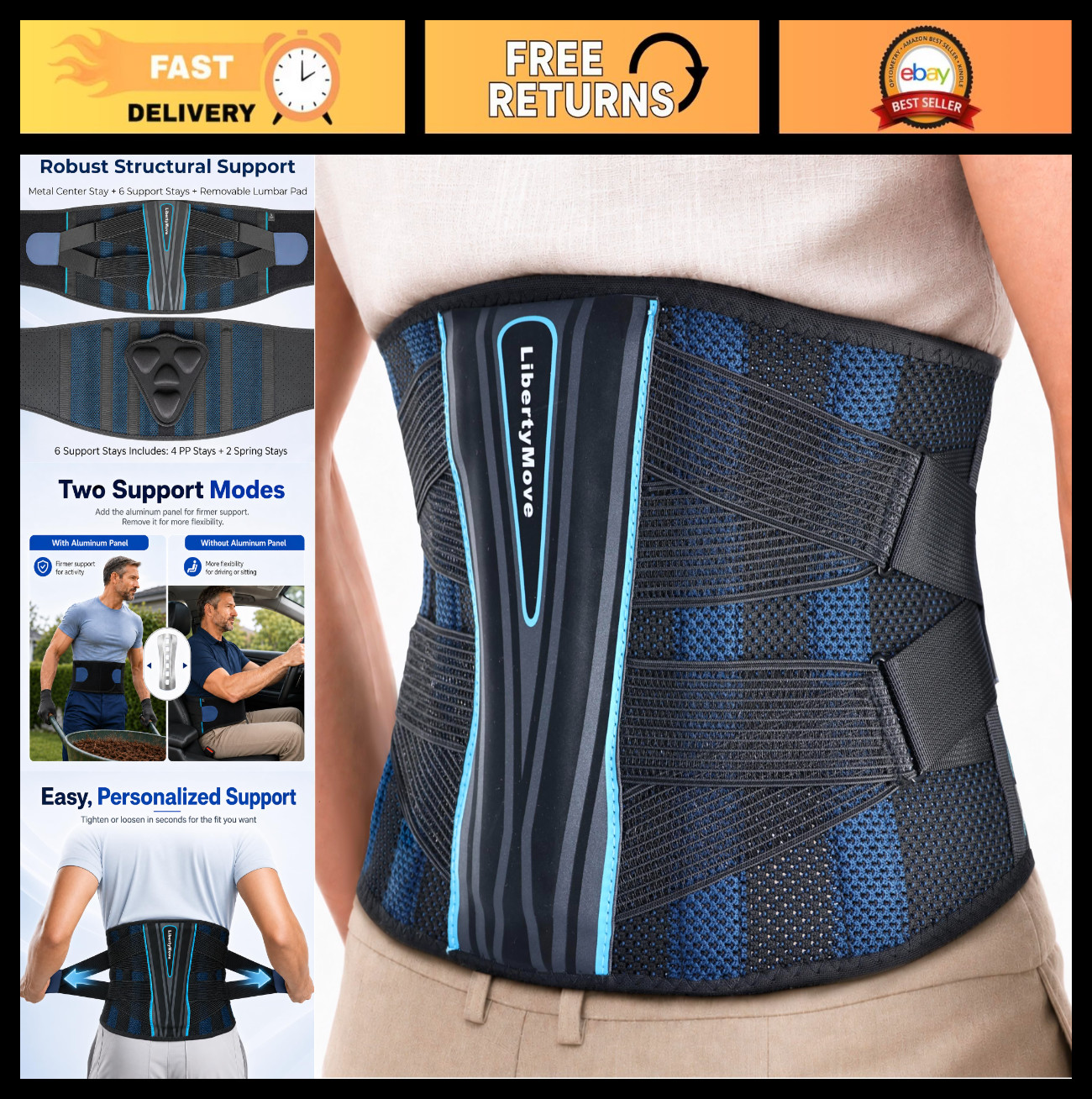 Lower Back Pain Relief Brace – 9″ Lumbar Support Belt with Removable Panel & Dua