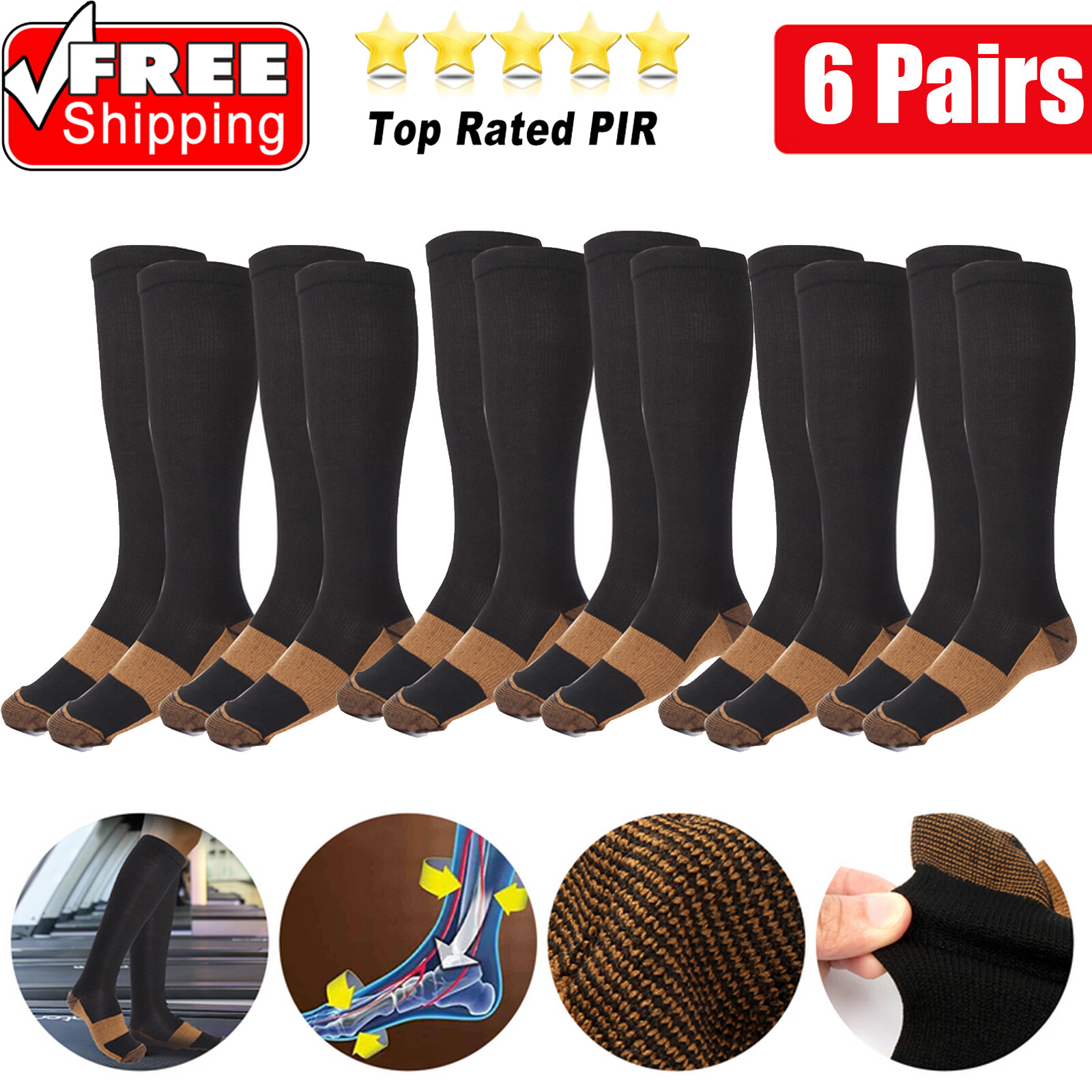 6 Pairs Copper Energy Knee High Compression Socks For Men Women Pain Relief US