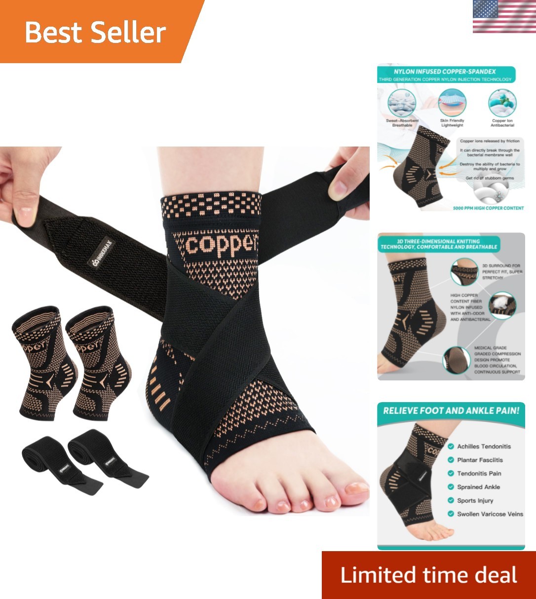 Ankle Brace for Women & Men, Ankle Compression Sleeve Support Copper Infused …