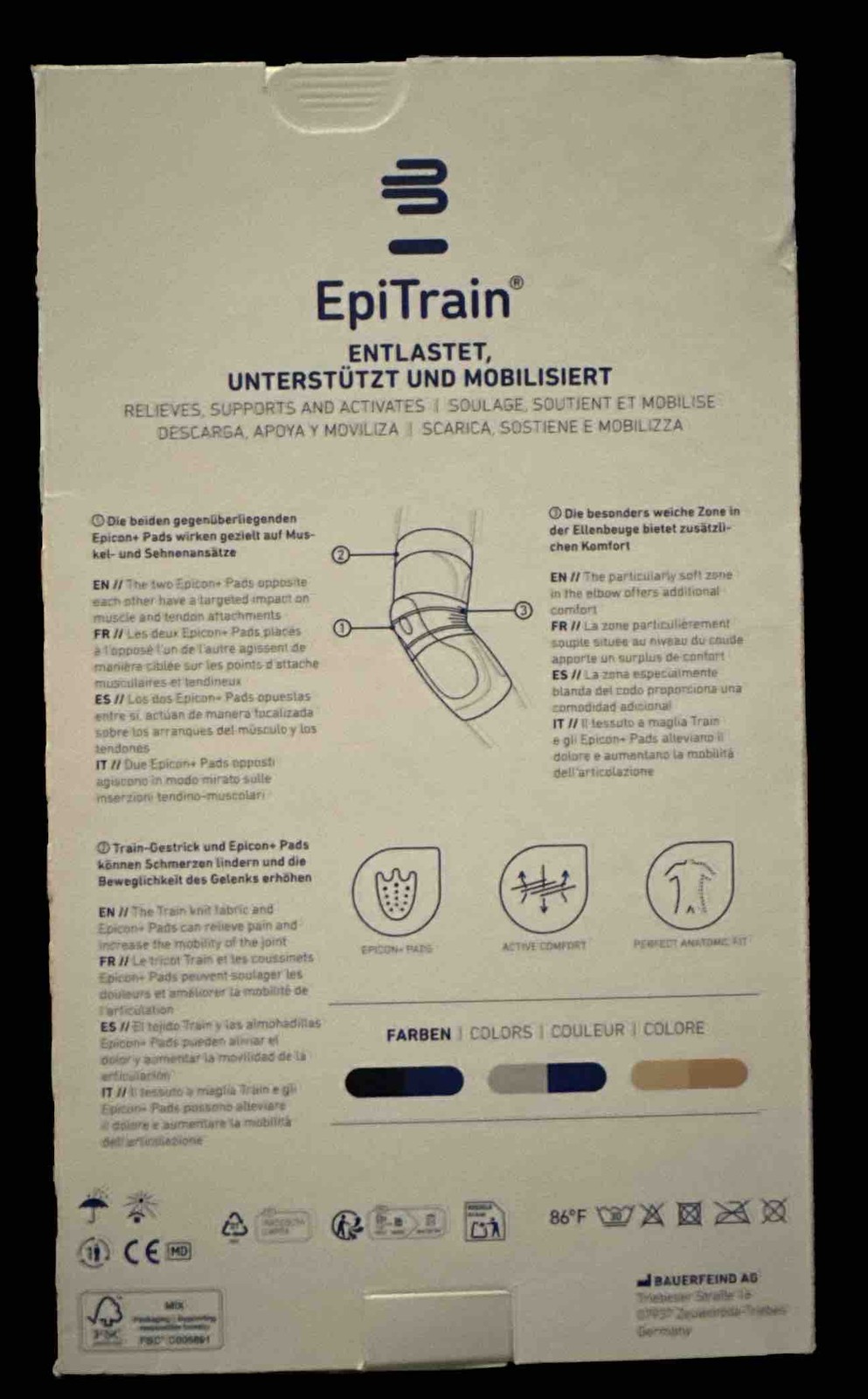 Bauerfeind EpiTrain Elbow Brace~Size 4~Elbow Pain Support Germany Blu/Black NEW!