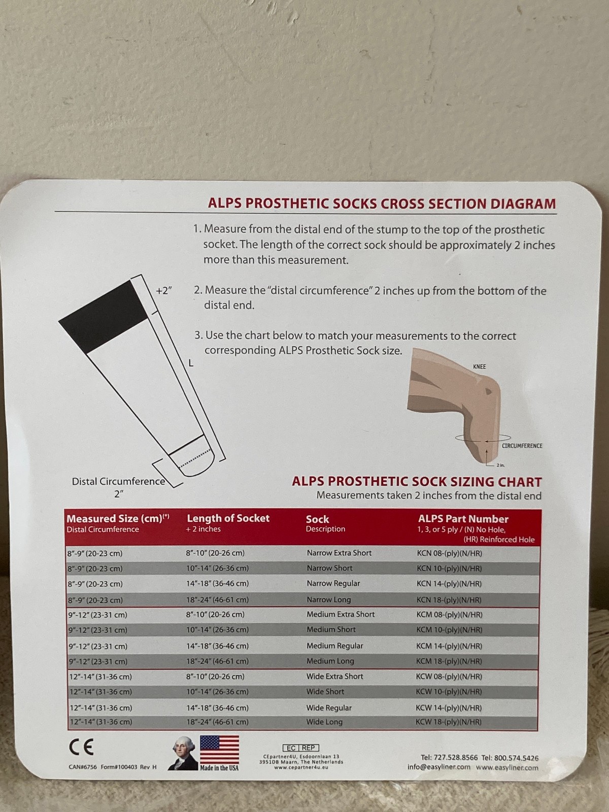 ALPS Prosthetic Sock KCM 10-5HR 5 Ply CoolMax Med Short Green Stipe Plastic Hole