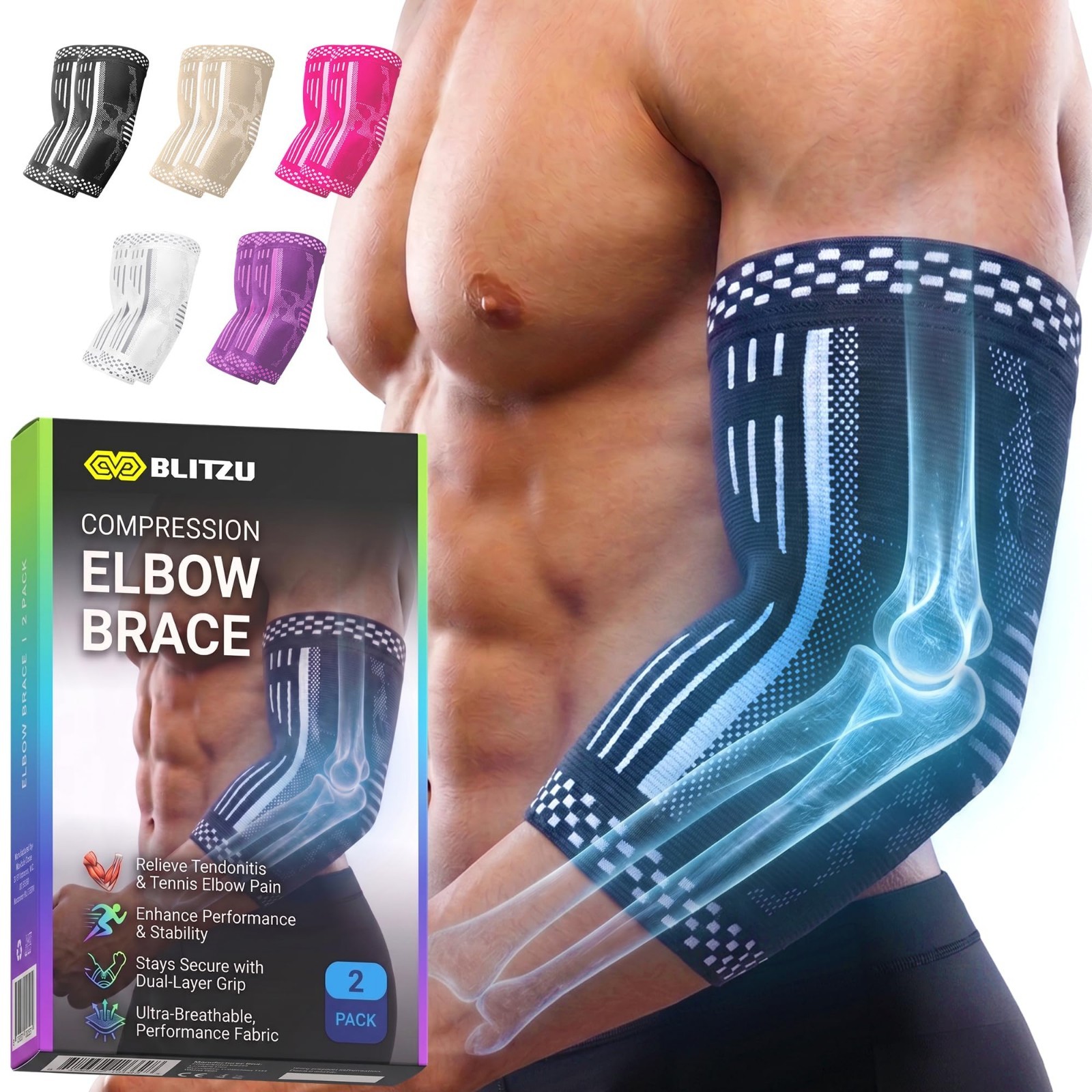 Elbow Compression Sleeve 2 Pack – Tennis & Golf Pain Relief Brace for Tendonitis