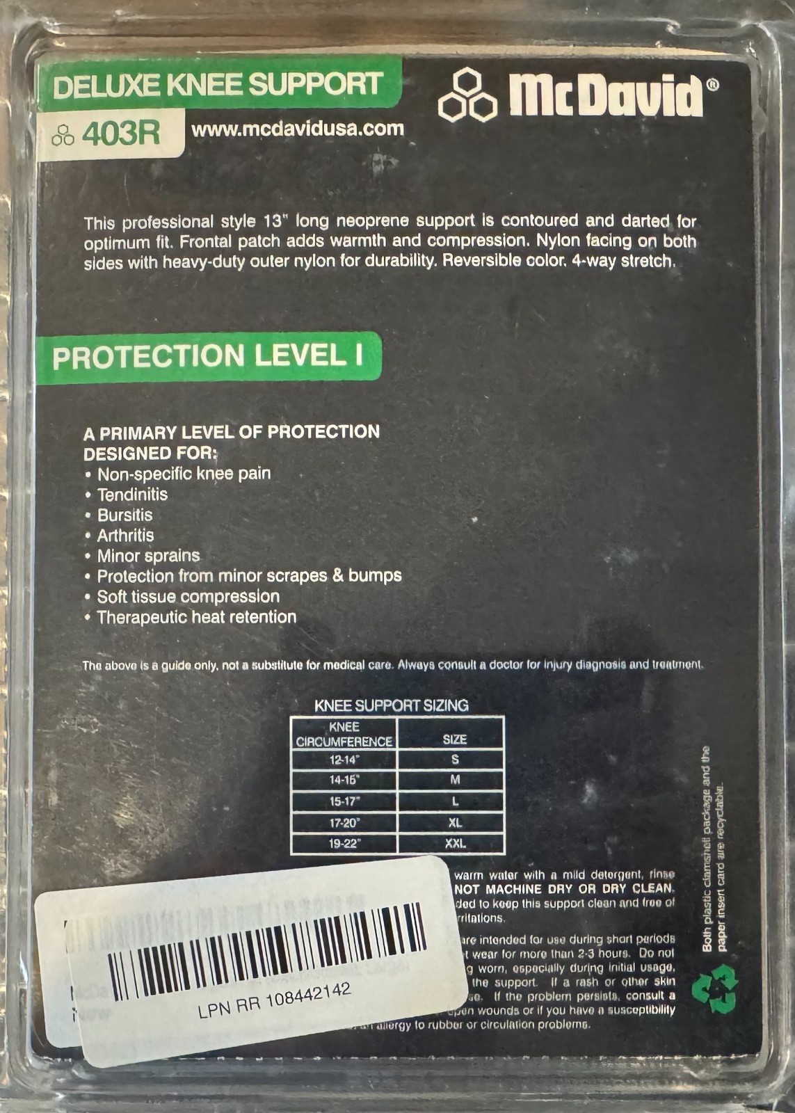 (New) McDavid Level 1 Knee Sleeve w/Anterior Patch – XXL Size/Black Color- 403R