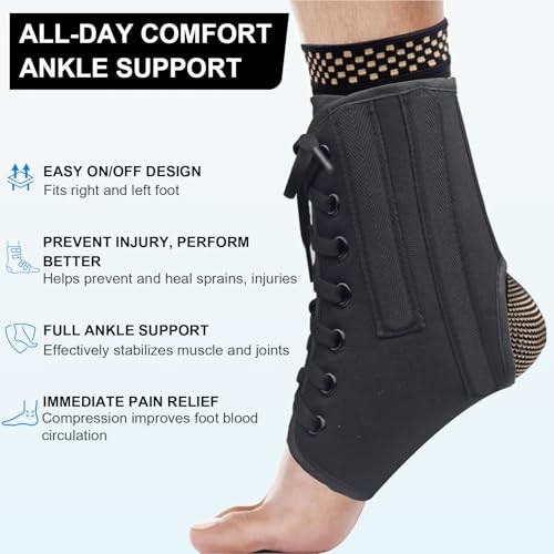 Lace Up Ankle Brace with Metal Side Stabilizers, Adjustable Lace-Up Large