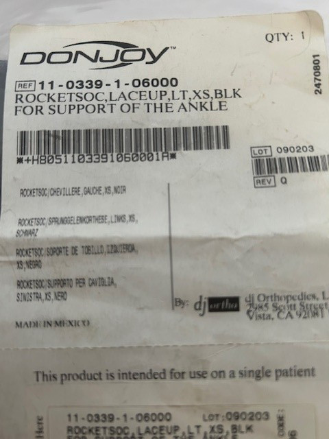 DONJOY RocketSoc LaceUp Ankle Support Brace LEFT Size XS, Black NEW