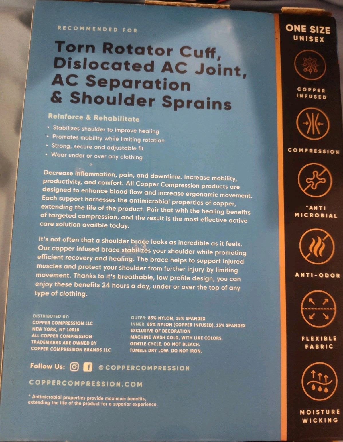Copper Compression Recovery Shoulder Brace Immobilizer One Size, Unisex – Black