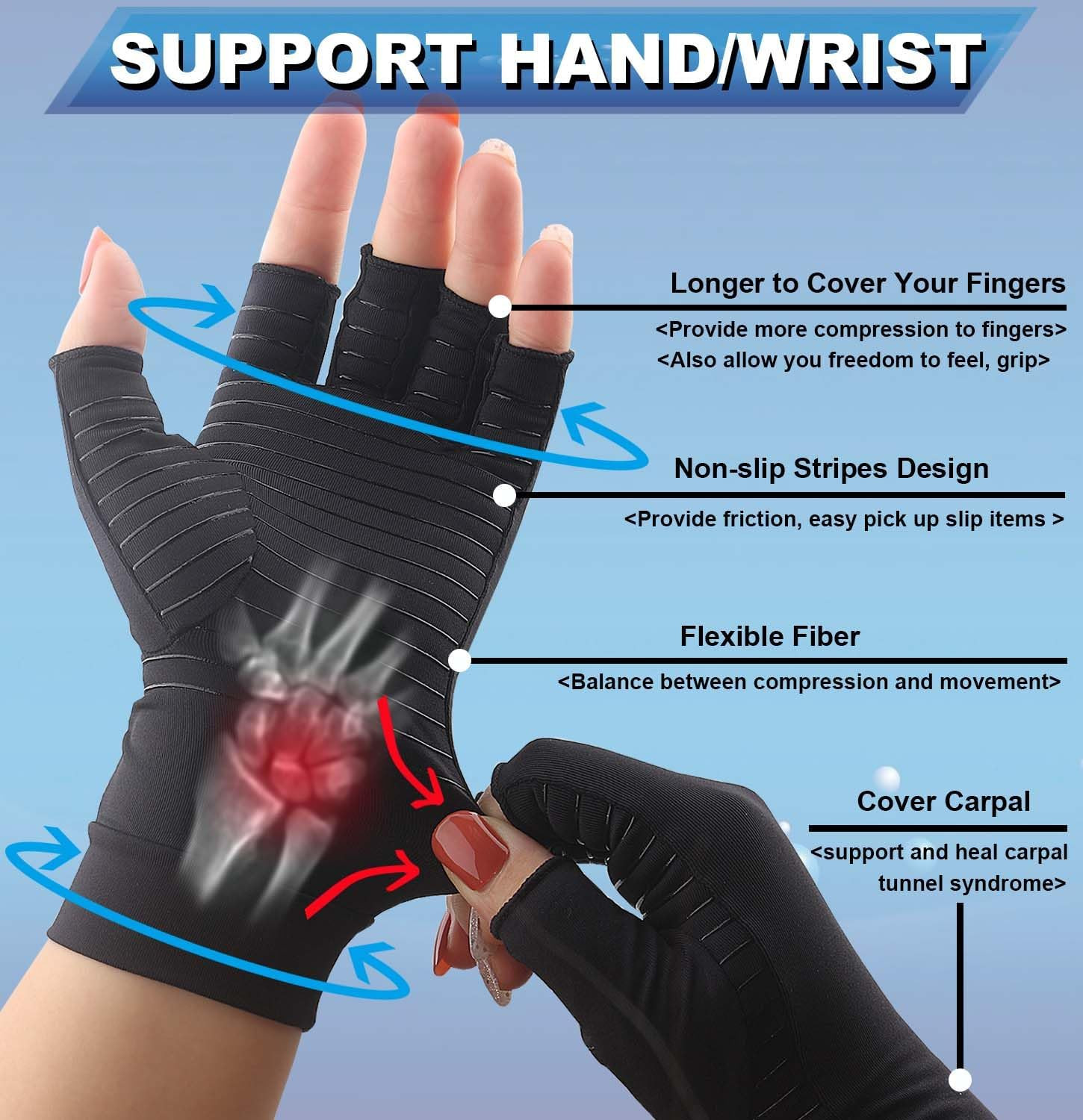 2Pairs Copper Arthritis Compression Gloves for Women Men, Fingerless Compression