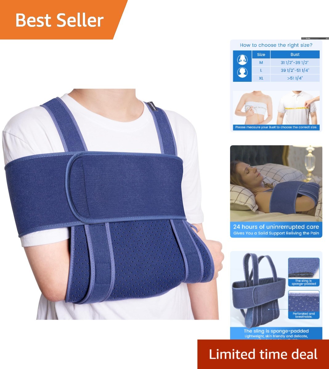 Luxuriously Soft Arm Sling for Sleep – Adjustable Shoulder Immobilizer, L Size