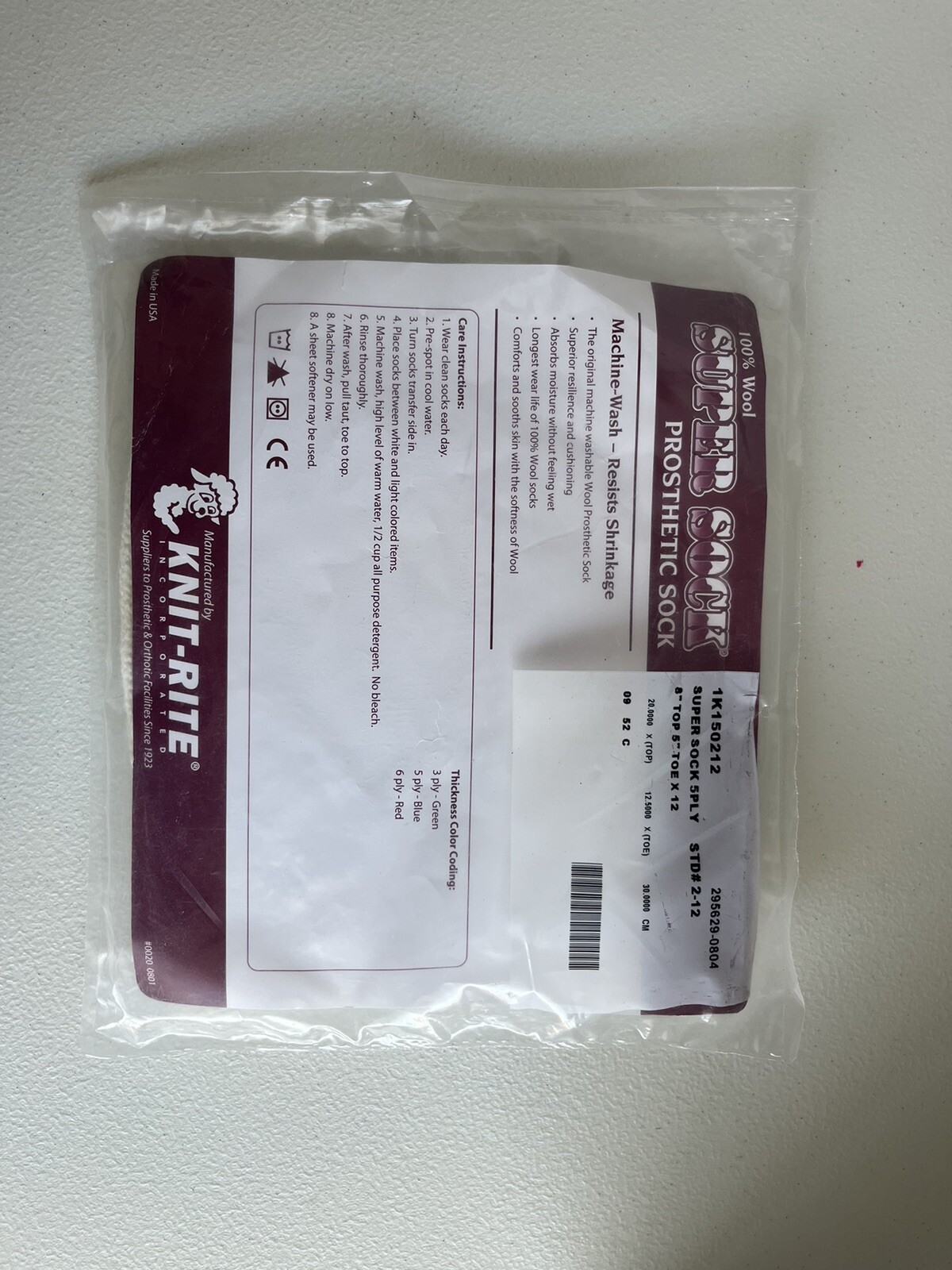 Knit-Rite Prosthetic Super Sock Wool 8” Top 5” Toe x 12” 1K150212 5 PLY