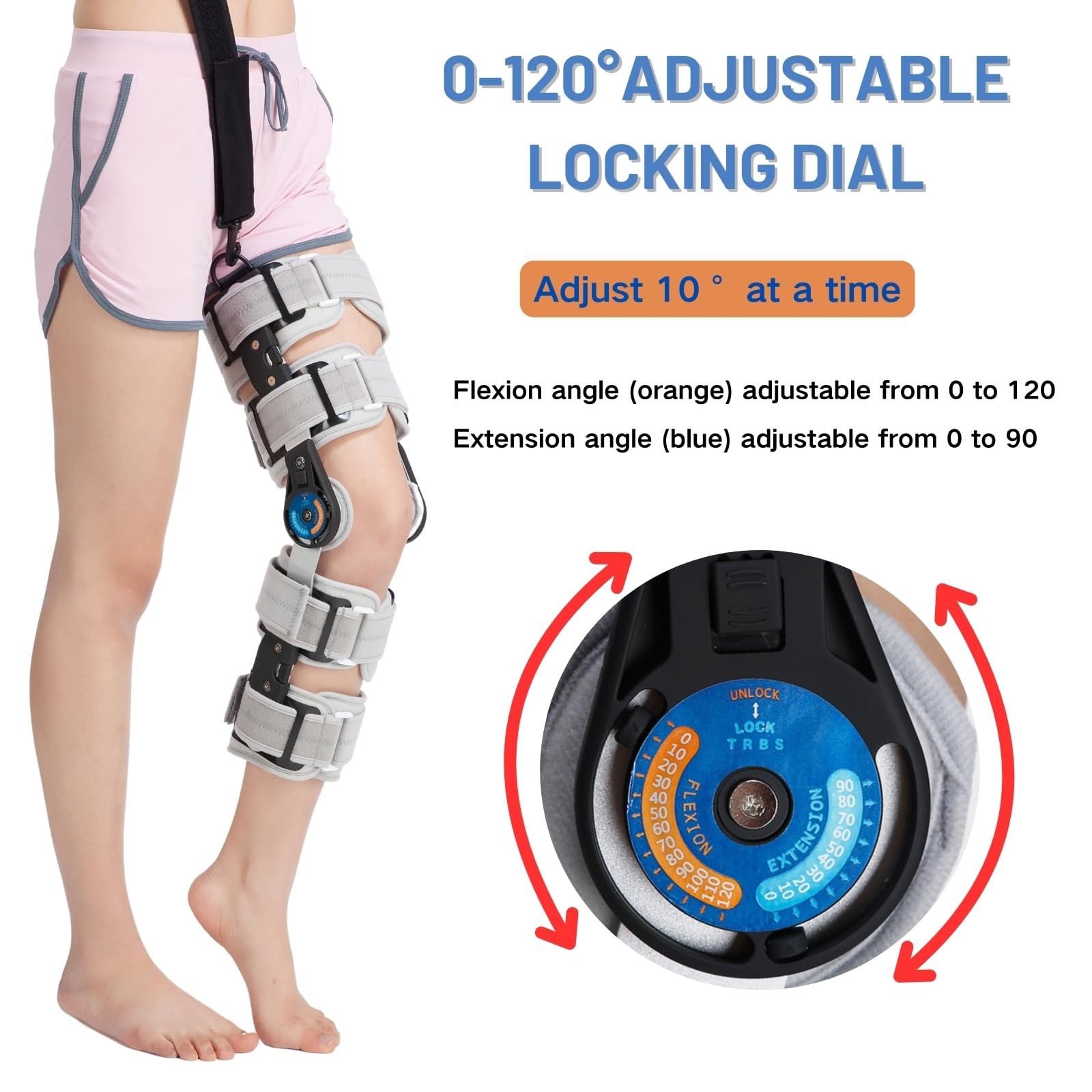Hinged ROM Knee Brace with Side Stabilizers, Adjustable Post Op Knee Immobili…